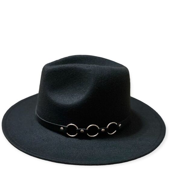 Black Fedora Leather Silver Round Design Band Fashion Hat NEW